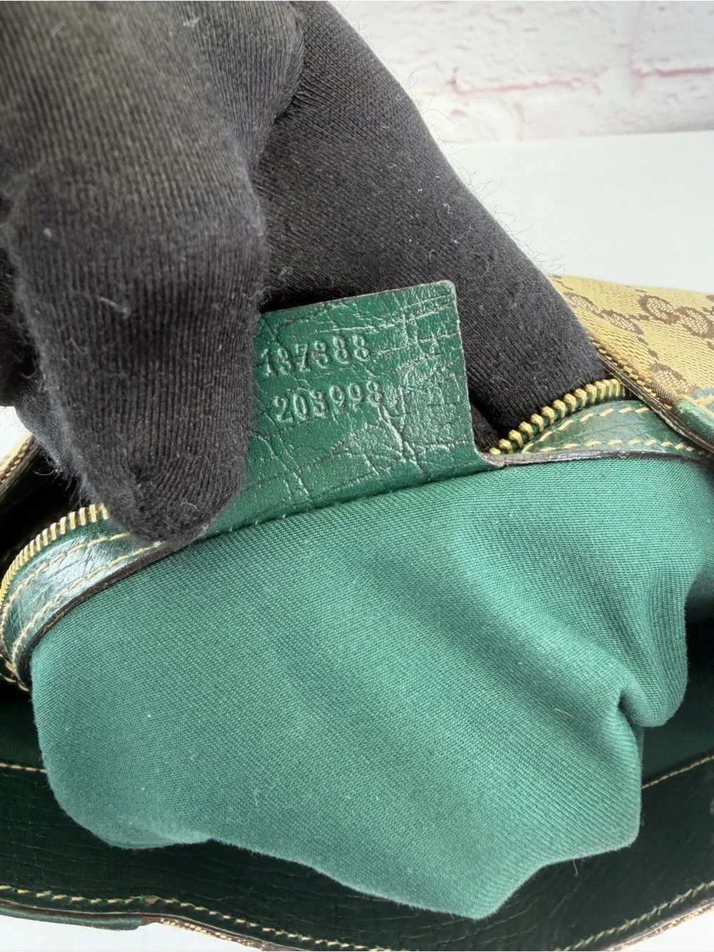 Gucci Beige/Ebony GG Canvas Green Leather Horsebit Hobo Bag